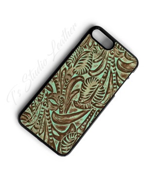 Western Turquoise Brown Leather Phone Case in floral pattern by Ts Studio Leather