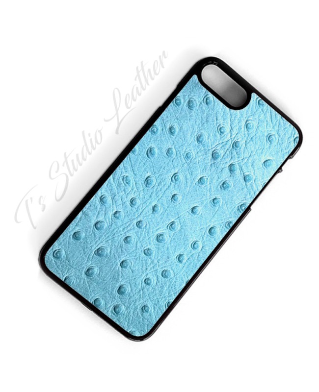 Light Baby Blue Ostrich Leather Phone Case - Genuine Cowhide Leather
