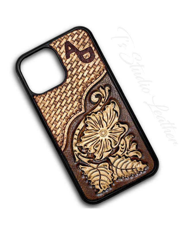 Personalized Hand Tooled Leather iPhone Case - Western Style basketweave and floral case for iPhone or Samsung