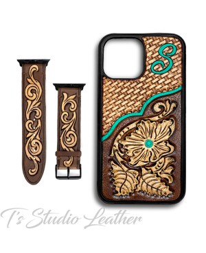 Personalized Hand Tooled Leather iPhone Case and matching watch band