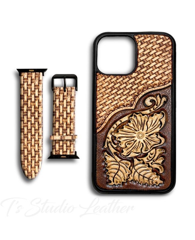 Personalized Western Style Hand Tooled Leather Phone Case with matching Apple Watch band