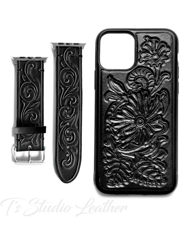 Western Style Hand Tooled Black Leather Phone Case with matching Apple Watch band