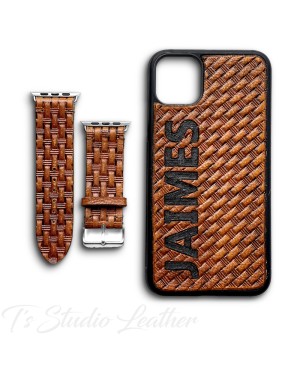 Personalized Western Style Hand Tooled Leather Phone Case with matching Apple Watch band Basketweave Pattern