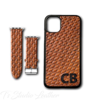 Personalized Western Style Hand Tooled Leather Phone Case with matching Apple Watch band Basketweave Pattern