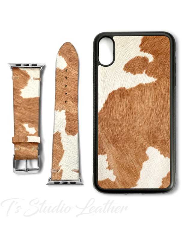 Western Style Hair On Cowhide Leather Phone Case with matching Apple Watch band