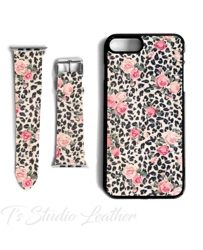 Black and White Animal Print with Pink Roses Cork on Leather Phone Case with matching Apple Watch Band