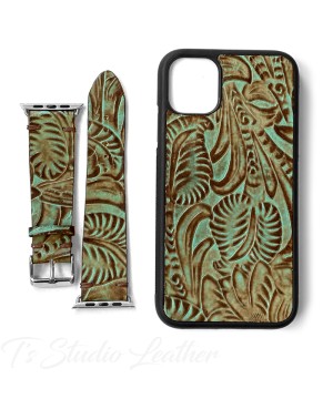 Western Style Brown and Turquoise Leather Phone Case with matching Apple Watch band
