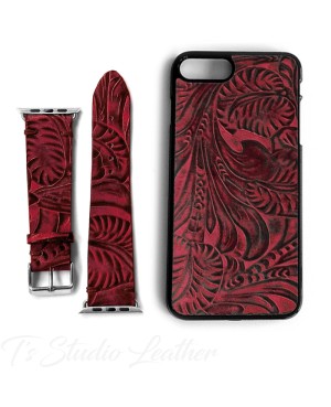 Western Style Black and Burgundy Leather Phone Case with matching Apple Watch band