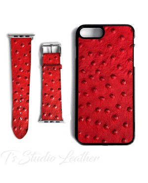 Red Leather Ostrich Print - Genuine Leather Watch Band and Matching phone case