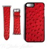 Red Leather Ostrich Print - Genuine Leather Watch Band and Matching phone case