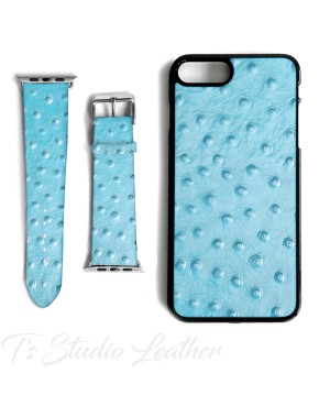 Light Blue Ostrich Print Leather Phone Case and Watch band