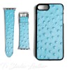 Light Blue Ostrich Print Leather Phone Case and Watch band