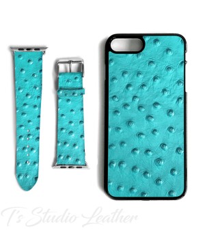 Turquoise Ostrich Print Leather Phone Case and Watch band