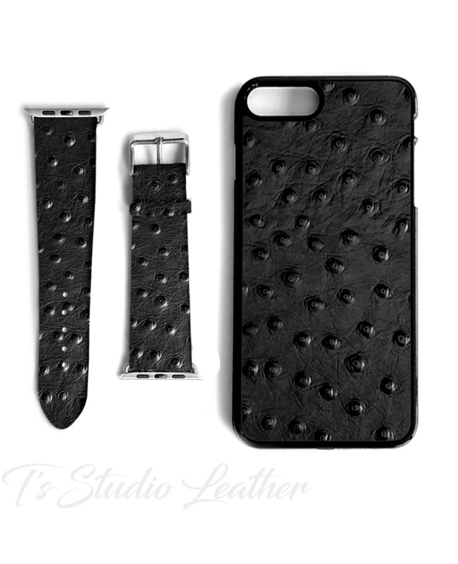 Black Leather Ostrich Print - Genuine Leather Watch Band and Matching phone case