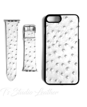 White Leather Ostrich Print - Genuine Leather Watch Band and Matching phone case