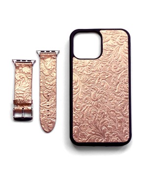 Metallic Rose Gold Leather Phone Case and Watch band