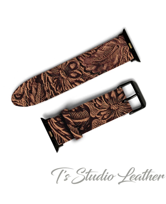 Western Style Brown and Black Floral Leather Apple Watch band