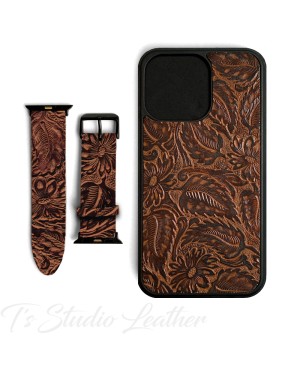 Western Style Brown and Black Floral Leather Apple Watch band and matching phone case