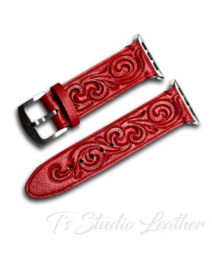 Red Leather Western Style Hand Tooled Apple Watch band