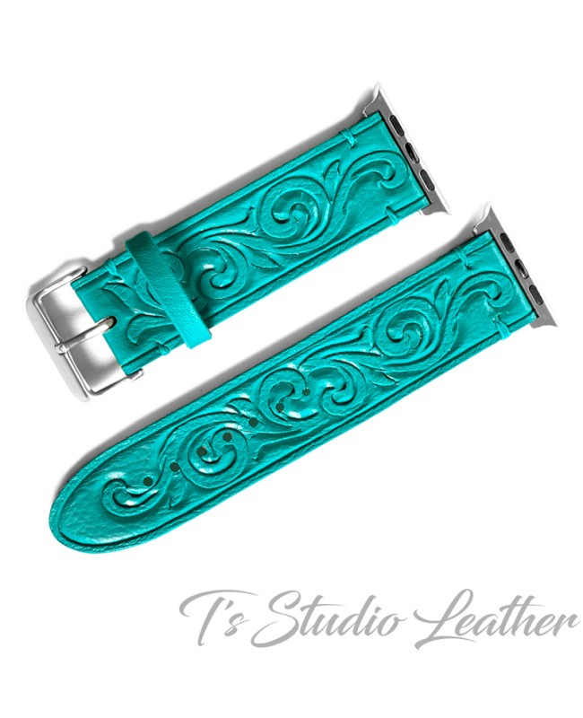 Turquoise Leather Western Style Hand Tooled Apple Watch band