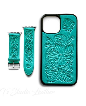 Turquoise Leather Western Style Hand Tooled Apple Watch band and matching phone case