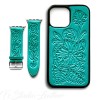 Turquoise Leather Western Style Hand Tooled Apple Watch band and matching phone case