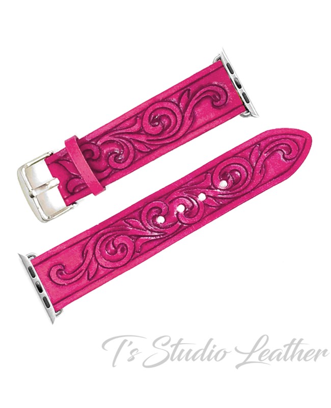 Pink Leather Western Style Hand Tooled Apple Watch band