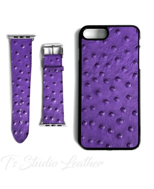 Purple Ostrich Print Leather Apple Watch band and matching phone case