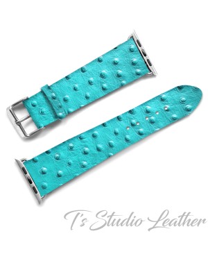 Turquoise Blue Ostrich Print Leather Apple Watch band