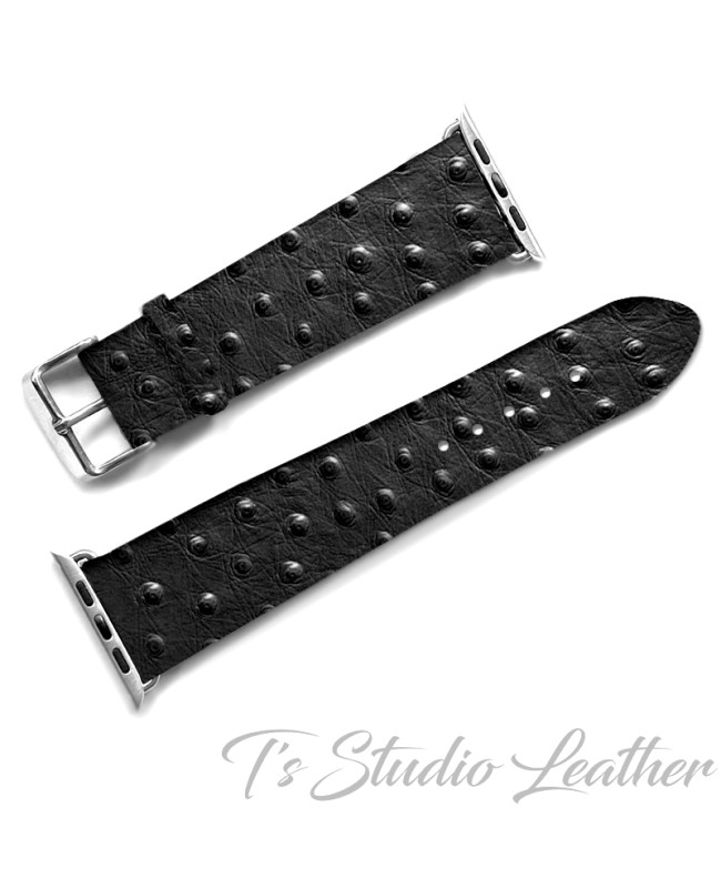 Black Ostrich Print Leather Apple Watch band
