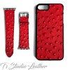 Red Leather Ostrich Print - Genuine Leather Watch Band and Matching phone case