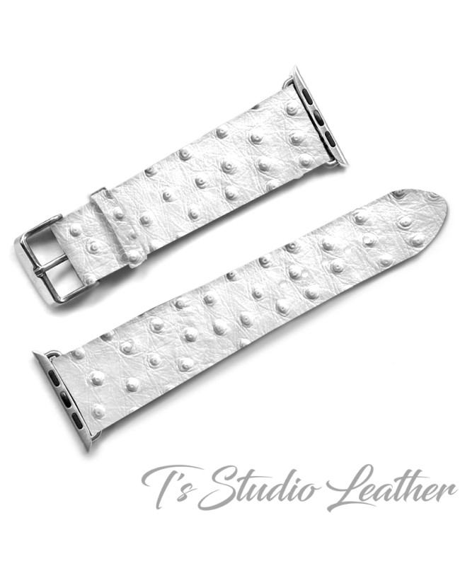 White Ostrich Print Leather Apple Watch band