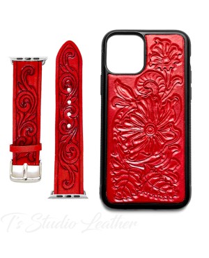 Western Style Hand Tooled Leather Phone Case with matching Apple Watch band
