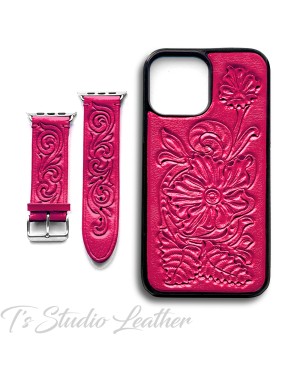 Pink Western Style Hand Tooled Leather Phone Case with matching Apple Watch band