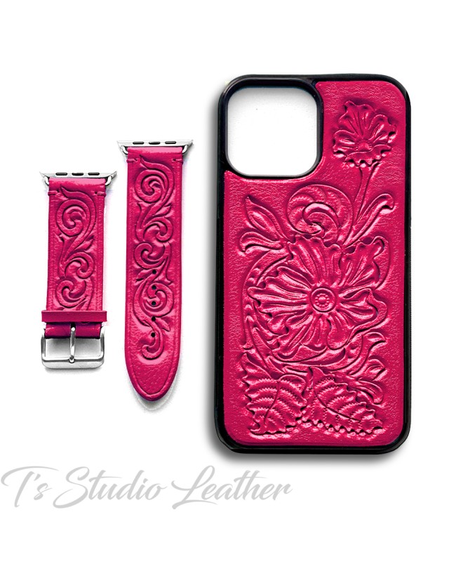Pink Western Style Hand Tooled Leather Phone Case with matching Apple Watch band