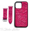 Pink Western Style Hand Tooled Leather Phone Case with matching Apple Watch band