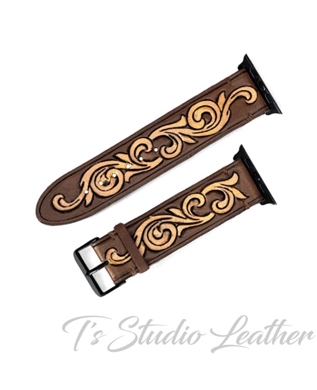 Two Tone Color Western Style Hand Tooled Leather Apple Watch band