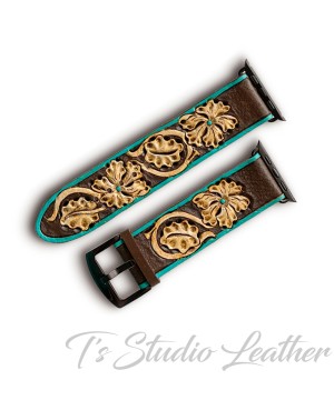 Western Style Hand Tooled Leather Apple Watch band in Turquoise Floral Design