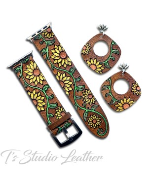 Hand Painted Sunflower Leather Watch Band and matching earrings