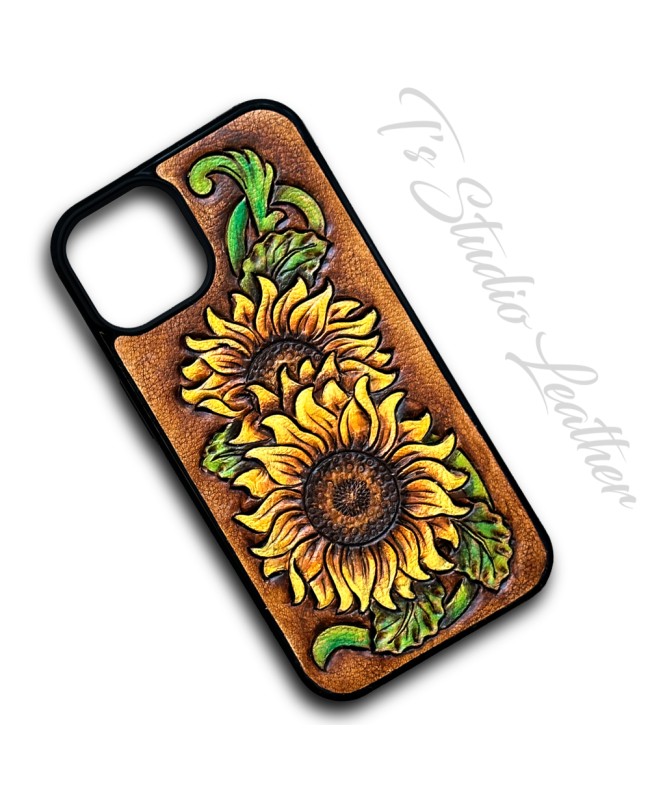 Hand Painted Sunflower Tooled Leather Phone Case