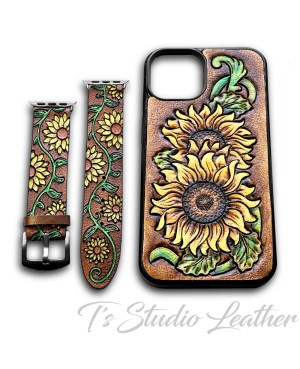 Hand Painted Sunflower Leather Apple Watch Band and matching phone case