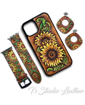 Hand Painted Sunflower Leather Apple Watch Band, phone case and matching earrings