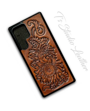 Hand Tooled Leather Sunflower Phone Case by Ts Studio Leather