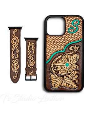 Personalized Western Style Hand Tooled Leather Phone Case with matching Apple Watch band
