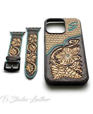 Personalized Western Style Hand Tooled Leather Phone Case with matching Apple Watch band
