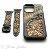 Personalized Western Style Hand Tooled Leather Phone Case with matching Apple Watch band