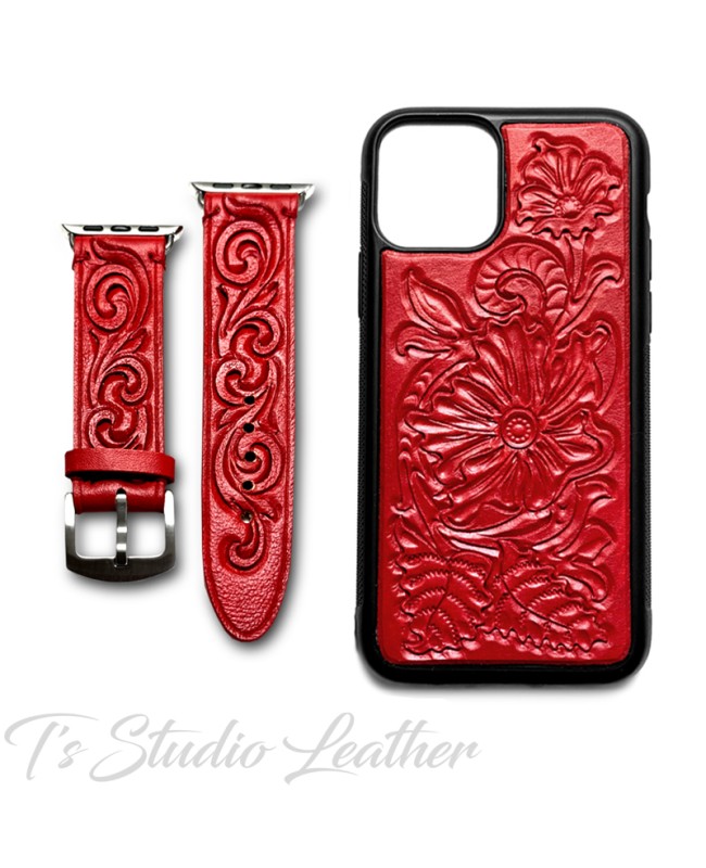 Western Style Hand Tooled Red Leather Phone Case with matching Apple Watch band
