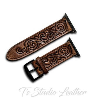 Western Style Hand Tooled Leather Apple Watch band