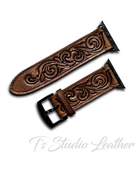 Turquoise Leather Hand Tooled Watch Band