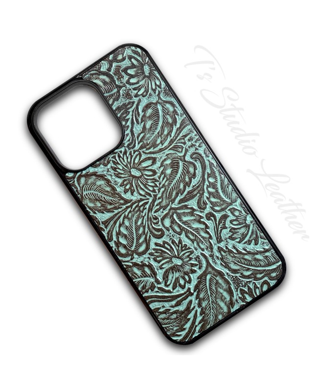 Western Turquoise Mint Green Brown Leather Phone Case in floral pattern by Ts Studio Leather
